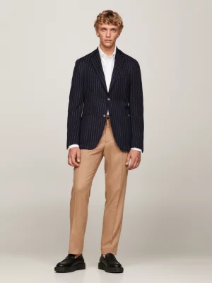 Blazer slim de malha risca de giz com abotoamento simples