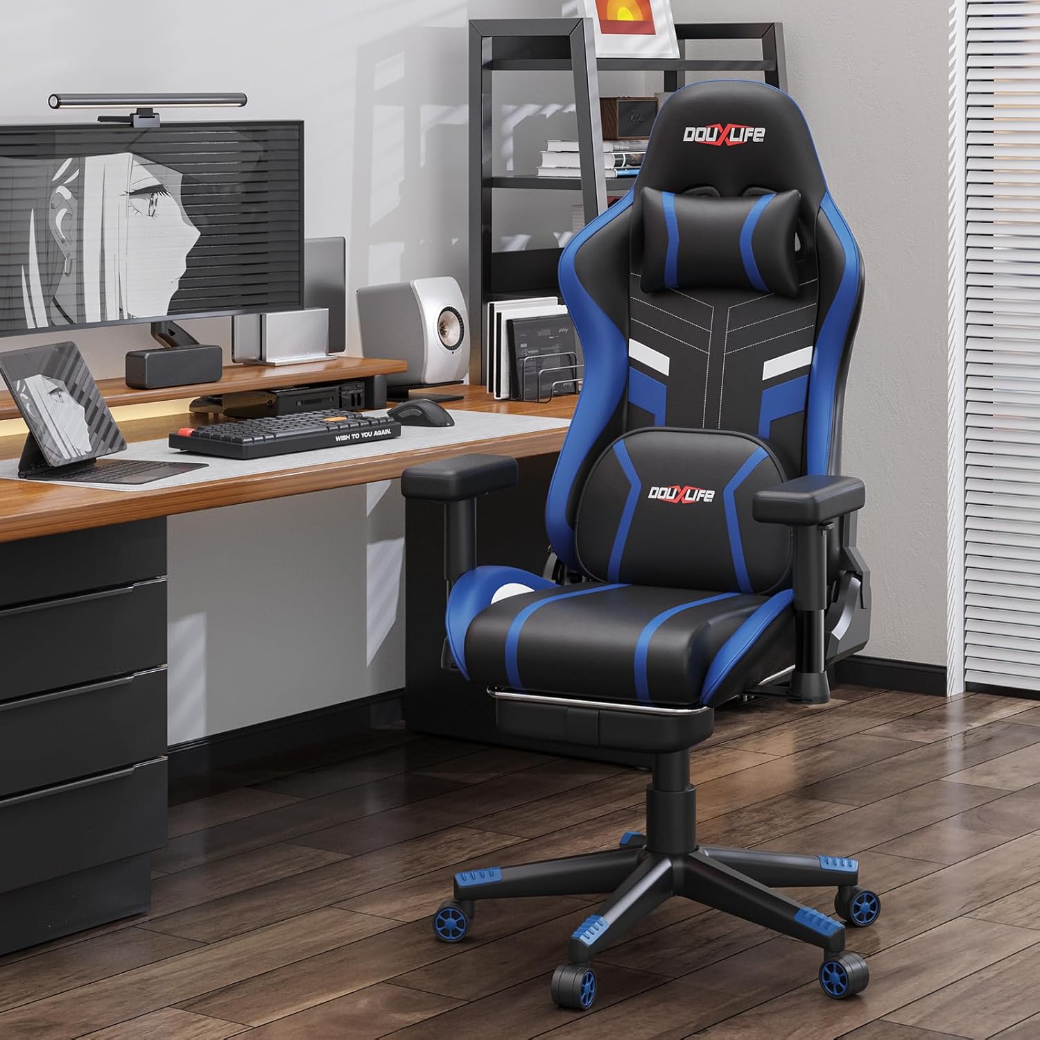 Douxlife Gaming-Stuhl mit Knetmassage und Heizfunktion, Ergonomischer Bürostuhl mit Fußstütze, 90°-175° Verstellbar, Gepolsterte 2D-Armelehnen, Gamer Sessel PC Stuhl, 181KG, Blau