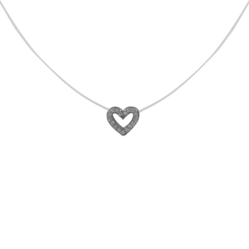 Collier Câble Nylon et Coeur de Strass Argent Rhodié