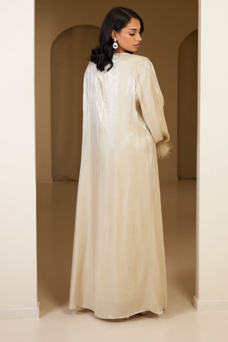 Ensemble 3 pièces abaya + gilet + voile satinée et plumes beige