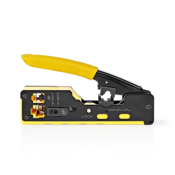 Crimp pliers | CAT5 / CAT5e / CAT6 / CAT6a / CAT7 / RJ12 / RJ45 | Cutting / Plier / Stripping | Gummi / Stål | Gul / Sort