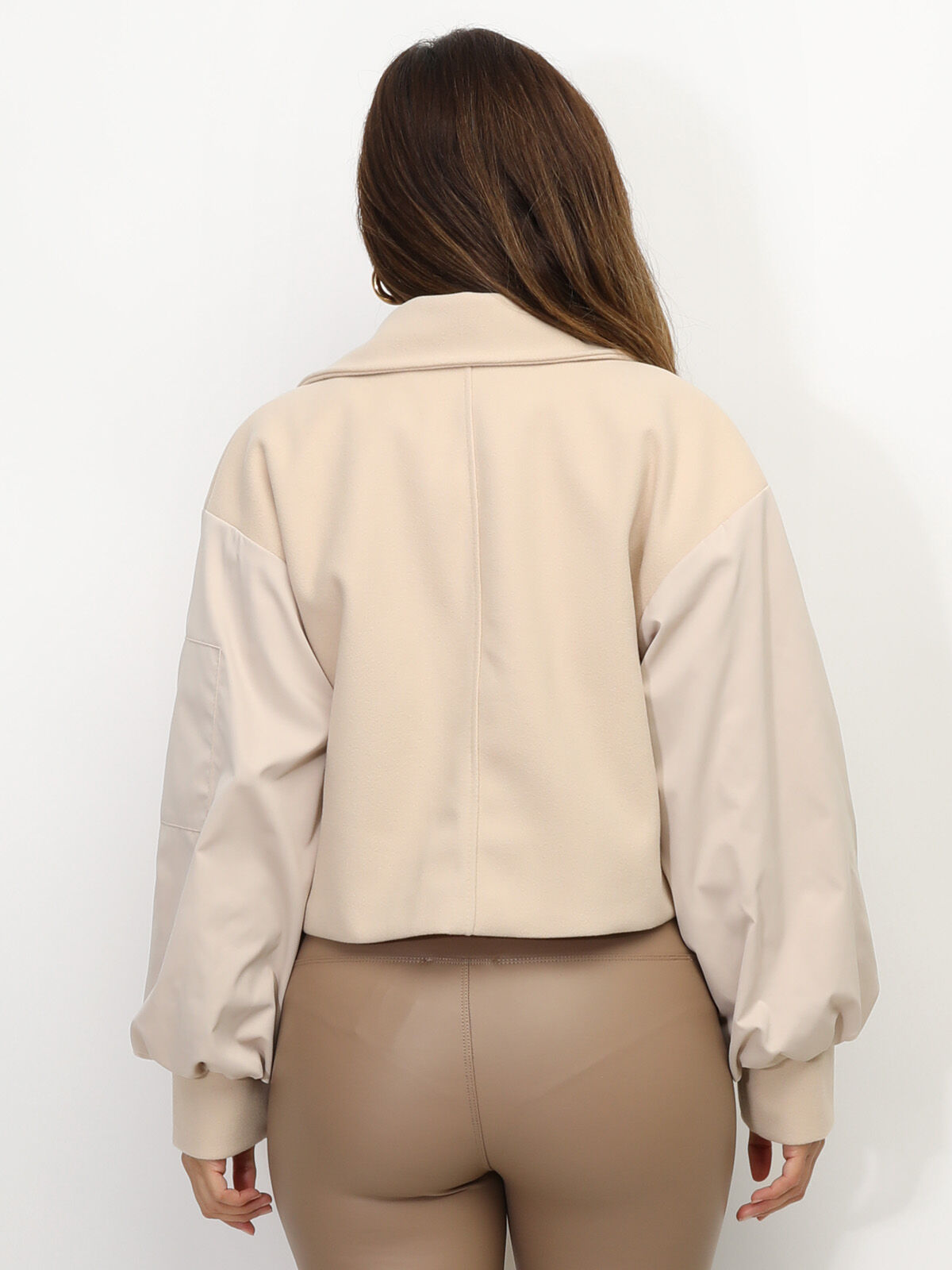 Veste courte croisée bi-matière- Beige