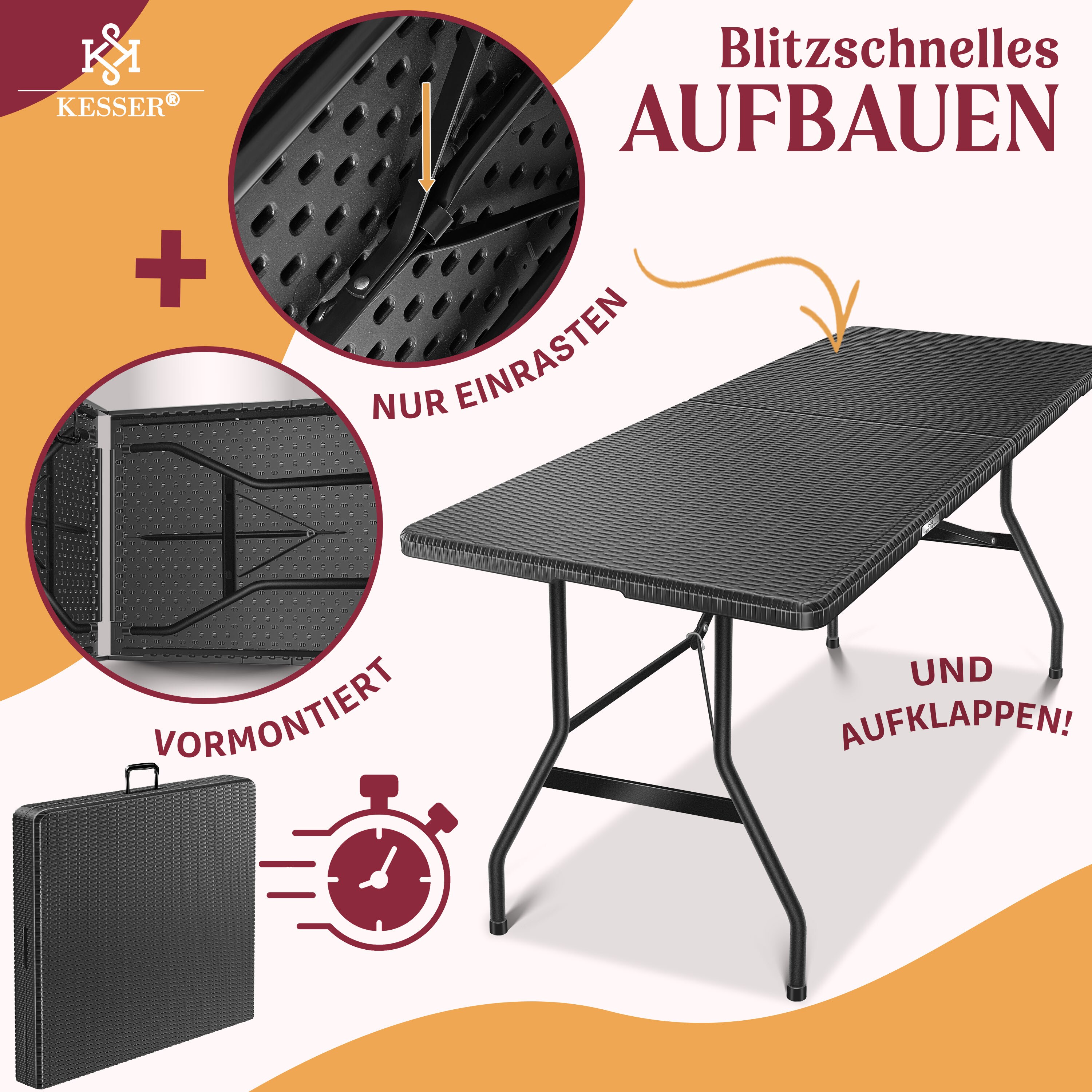 KESSER® Buffettisch Tisch klappbar Kunststoff 180x75 cm Rattan Optik Campingtisch Partytisch Klapptisch Gartentisch für Garten Terrasse und Balkon zusammenklappbar 6 Personen ink. Tragegriff