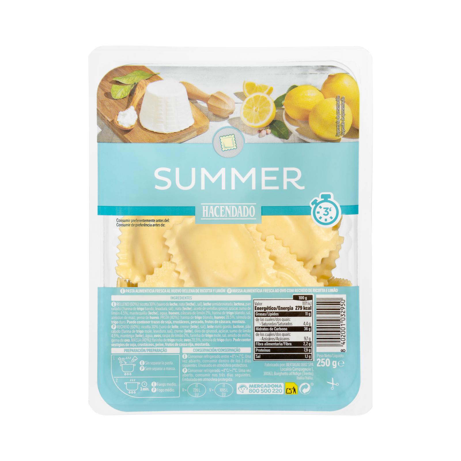 Raviolis de pâtes fraîches ricotta et citron Summer Hacendado