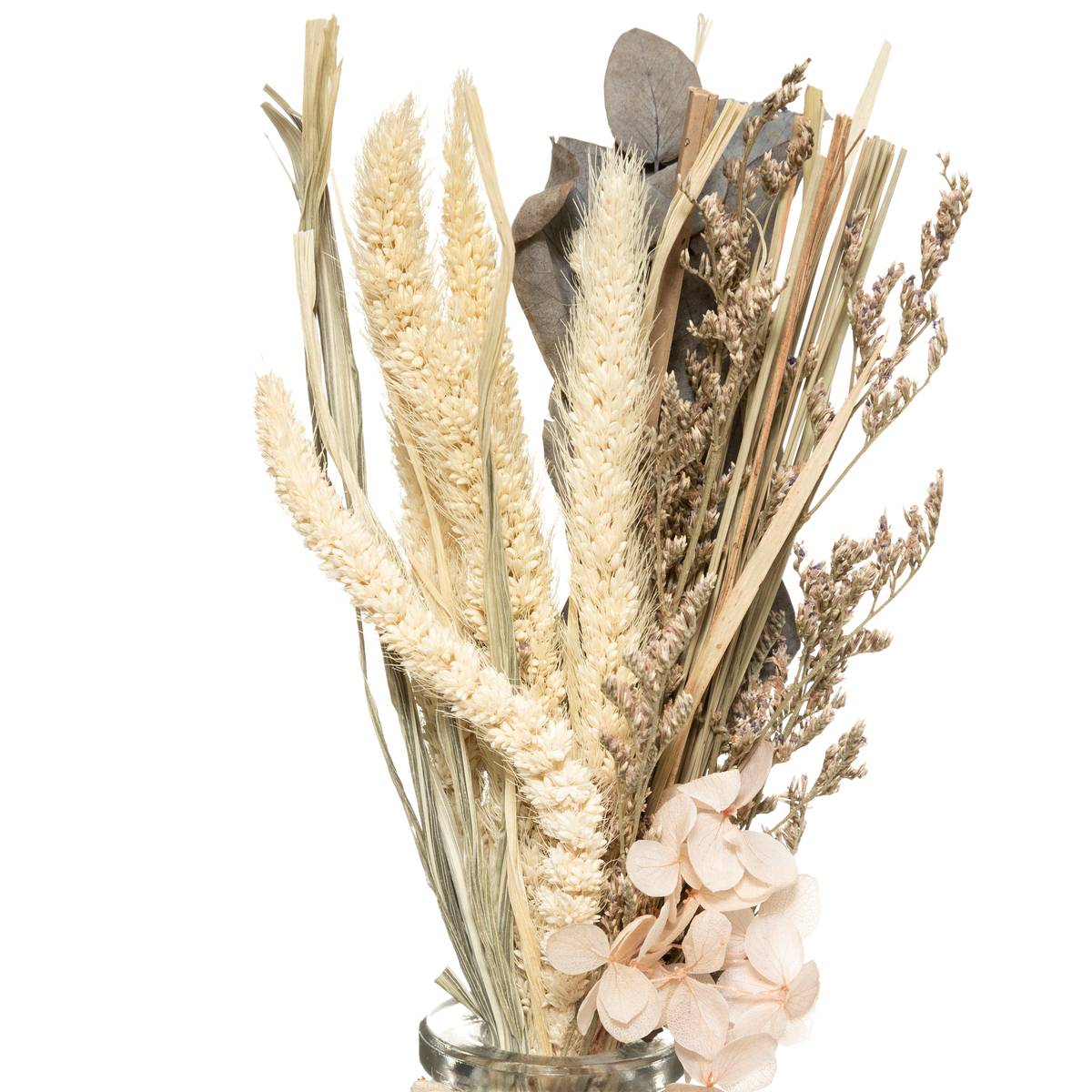 Composition de fleurs séchées vase en verre h 28 cm