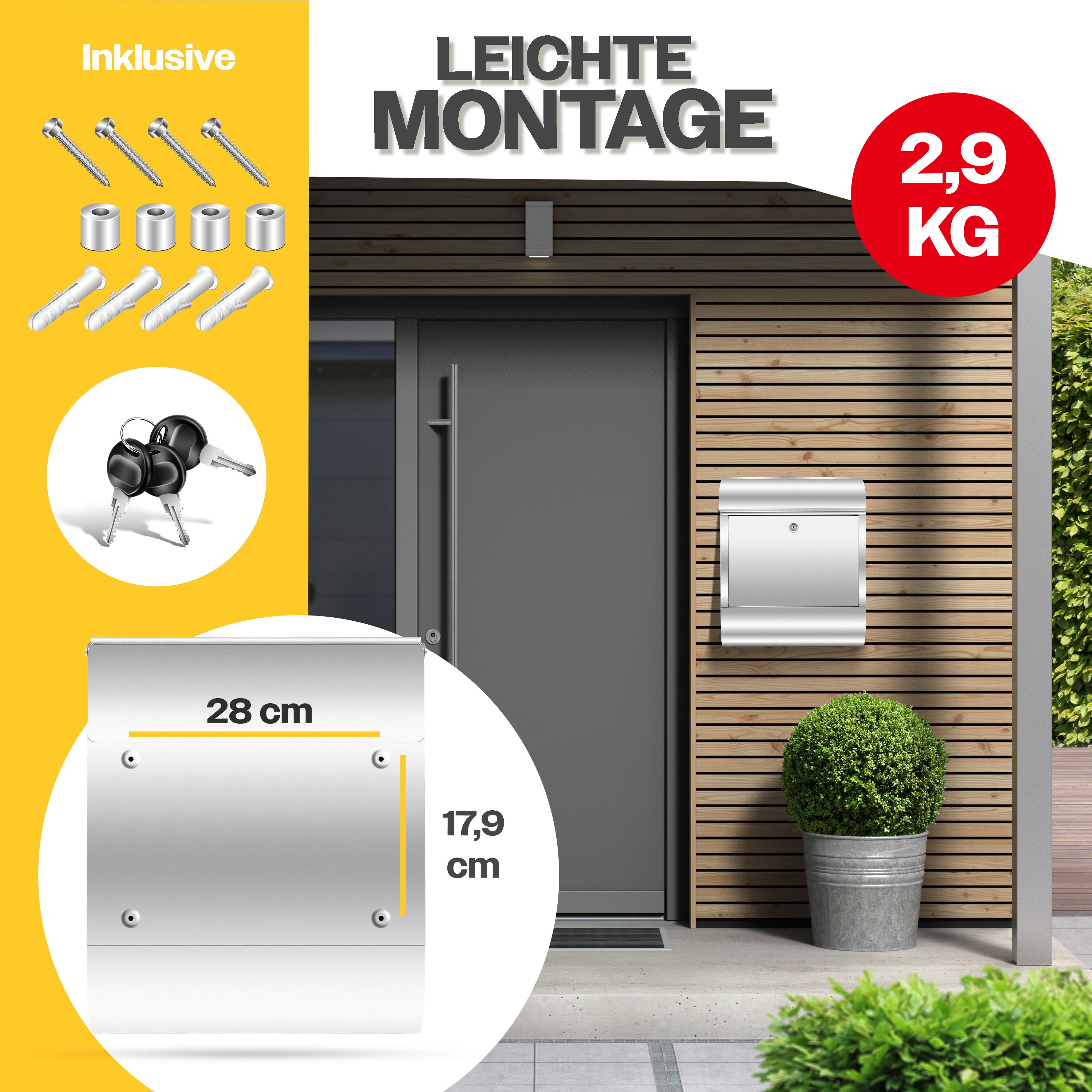 KESSER® XXL Briefkasten Edelstahl mit Zeitungsfach , gebürstet , 3x Schlüssel abschließbar , Pulverbeschichtet , Wandmontage , groß Front-Einwurf: DIN C4 = DIN A4, inkl. Montagematerial