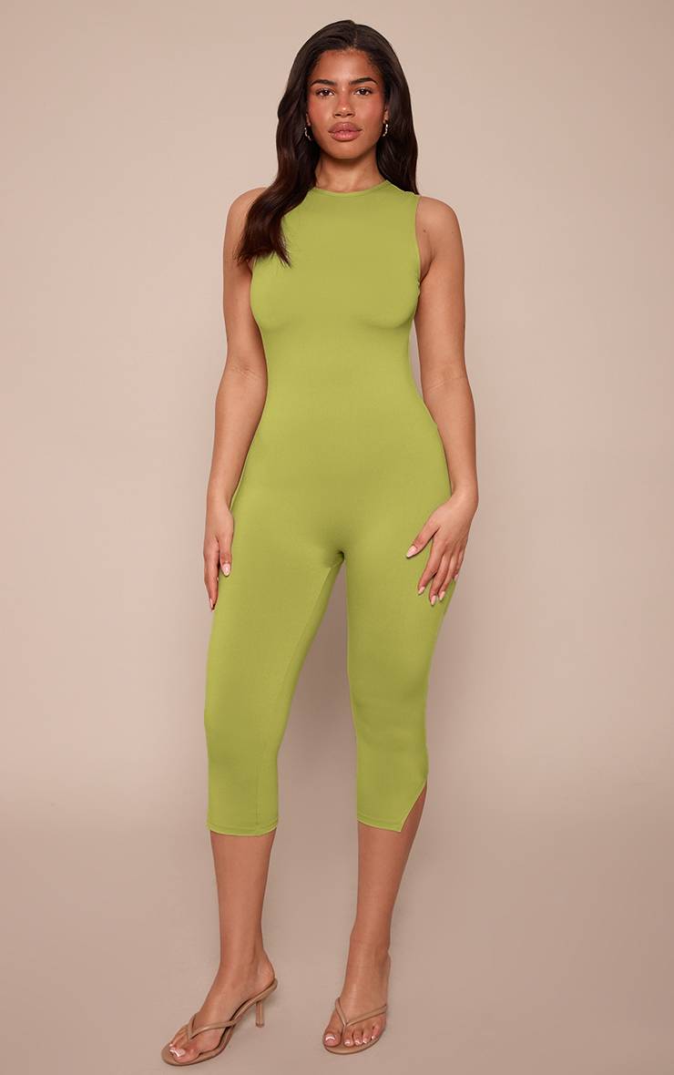 Vert Olive Combinaison Capri Sculptante Sans Manches À Col Montant