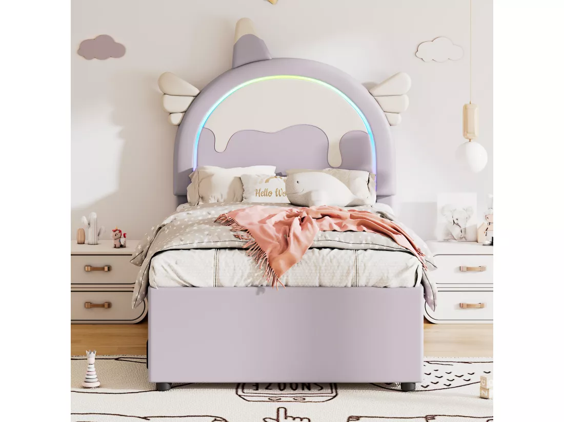 Lit gigogne 90 x 200 cm + 90 x 190 cm avec 3 tiroirs - Tête de lit en forme licorne - Similicuir - Violet