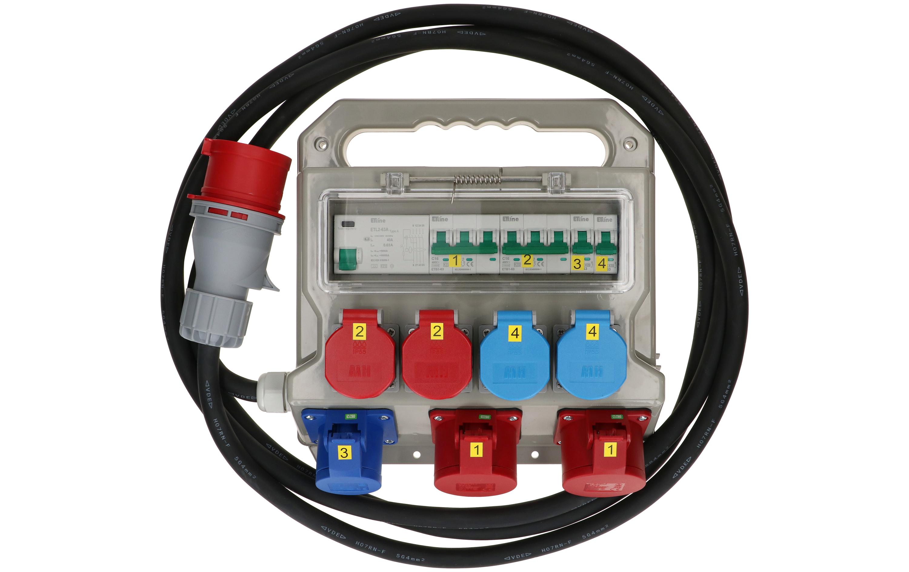 Baustromverteiler CEE32, T25, T23 FI/LS, IP44<br>Baustromverteiler mit Steckdosen für 230 V und 400 V