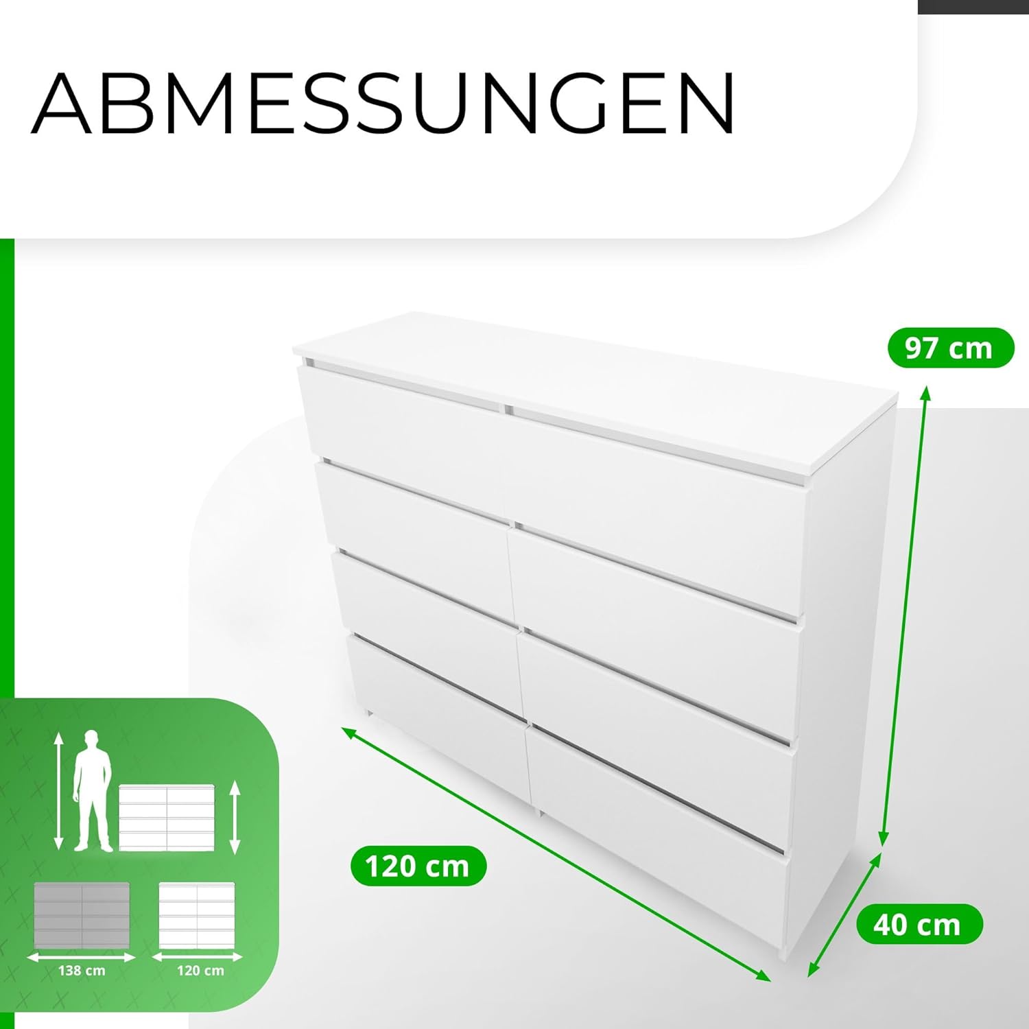 CDF Kommode Weiß mit 8 Schubladen 40 cm Tief Komodenschrank Komode für Wohnzimmer Schlafzimmer Schubladenschrank Malm Kommode viel Stauraum Geeignet Organizer Kleidung 120 cm Breite Modern Look