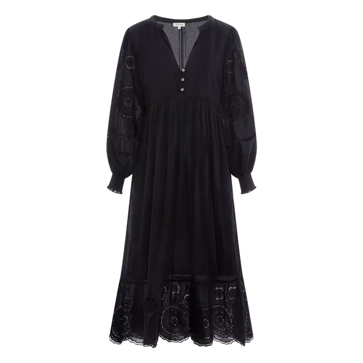 Alma Deia Robe Brodé Manches Longues en Coton Bio | Noir