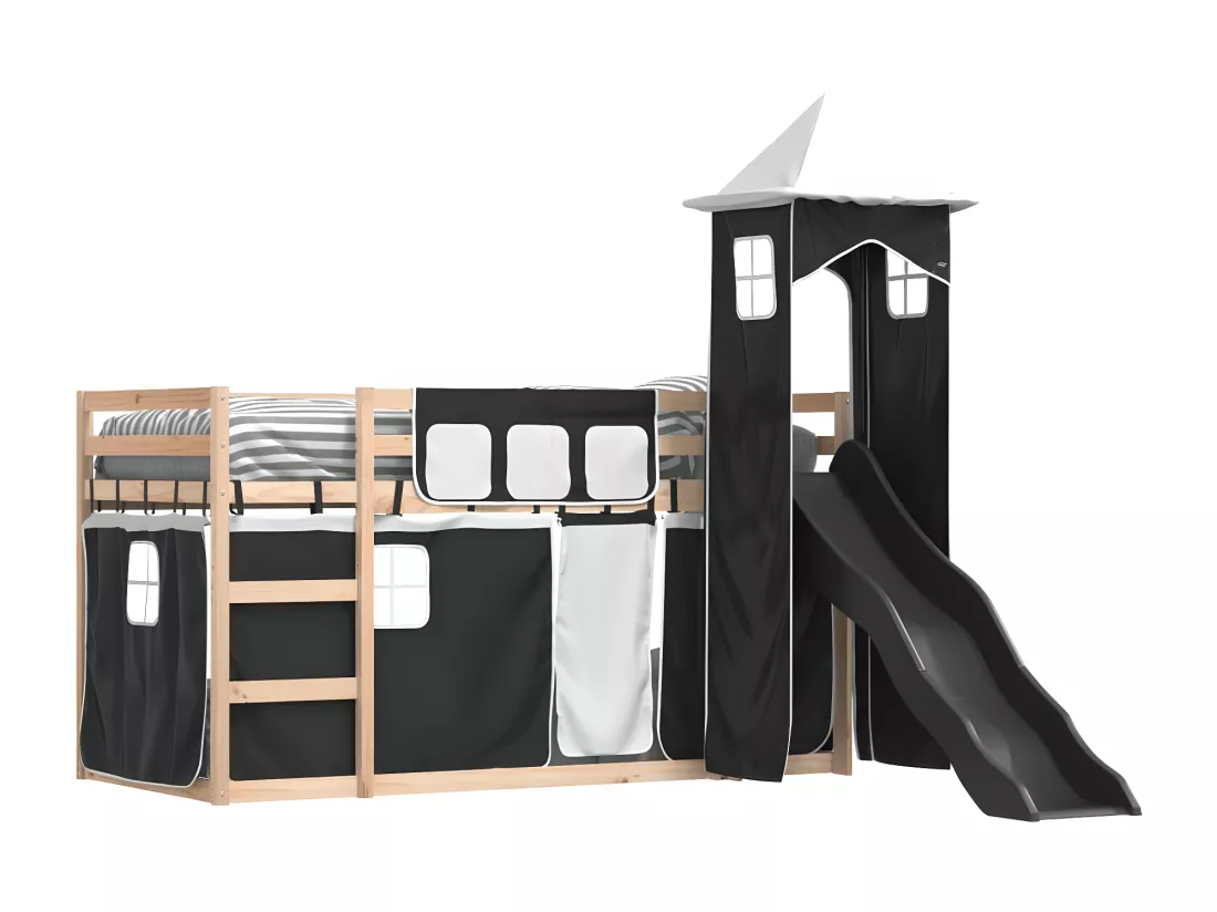 Lit superposé avec toboggan et rideaux blanc et noir 90x200 cm