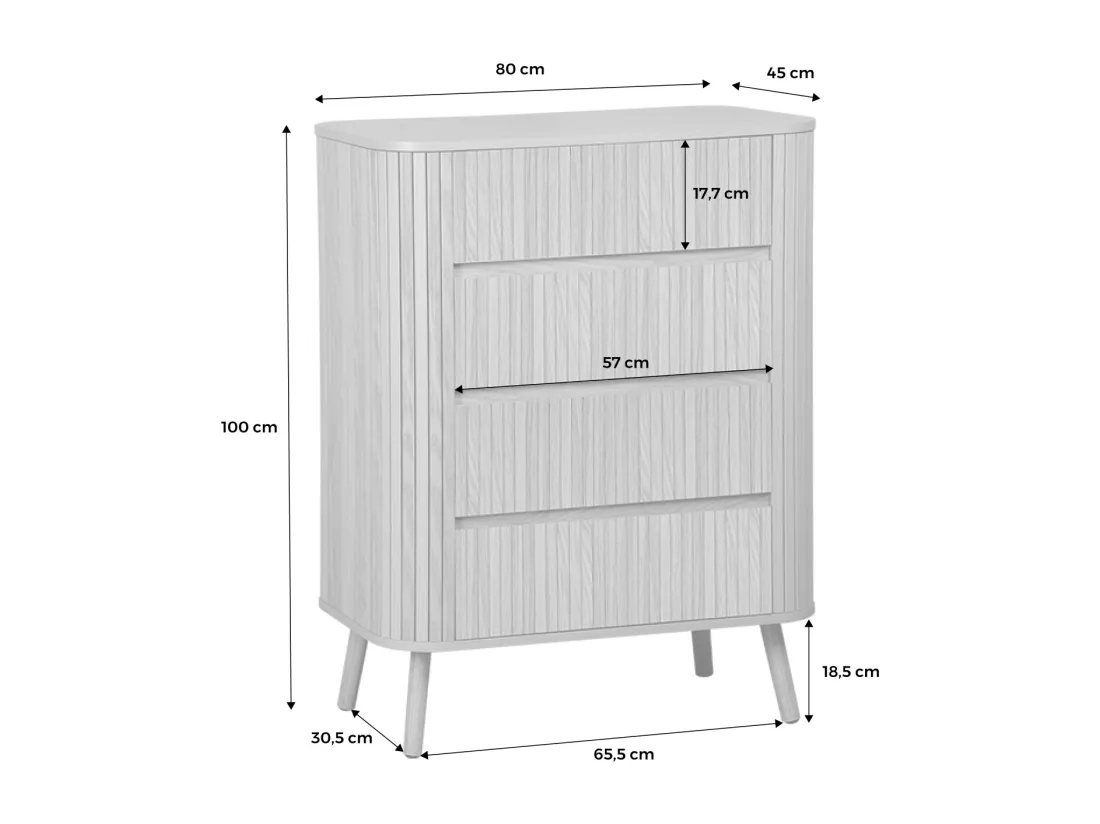 Commode 4 tiroirs. décor strié naturel. L 80x P 45 H 100cm