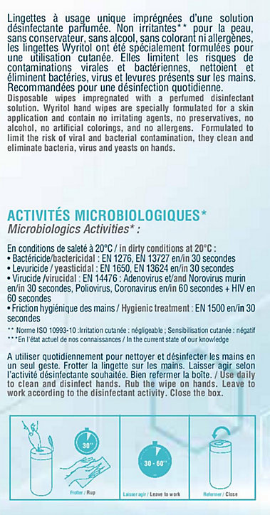 100 lingettes mains nettoyantes désinfectante Wyritol