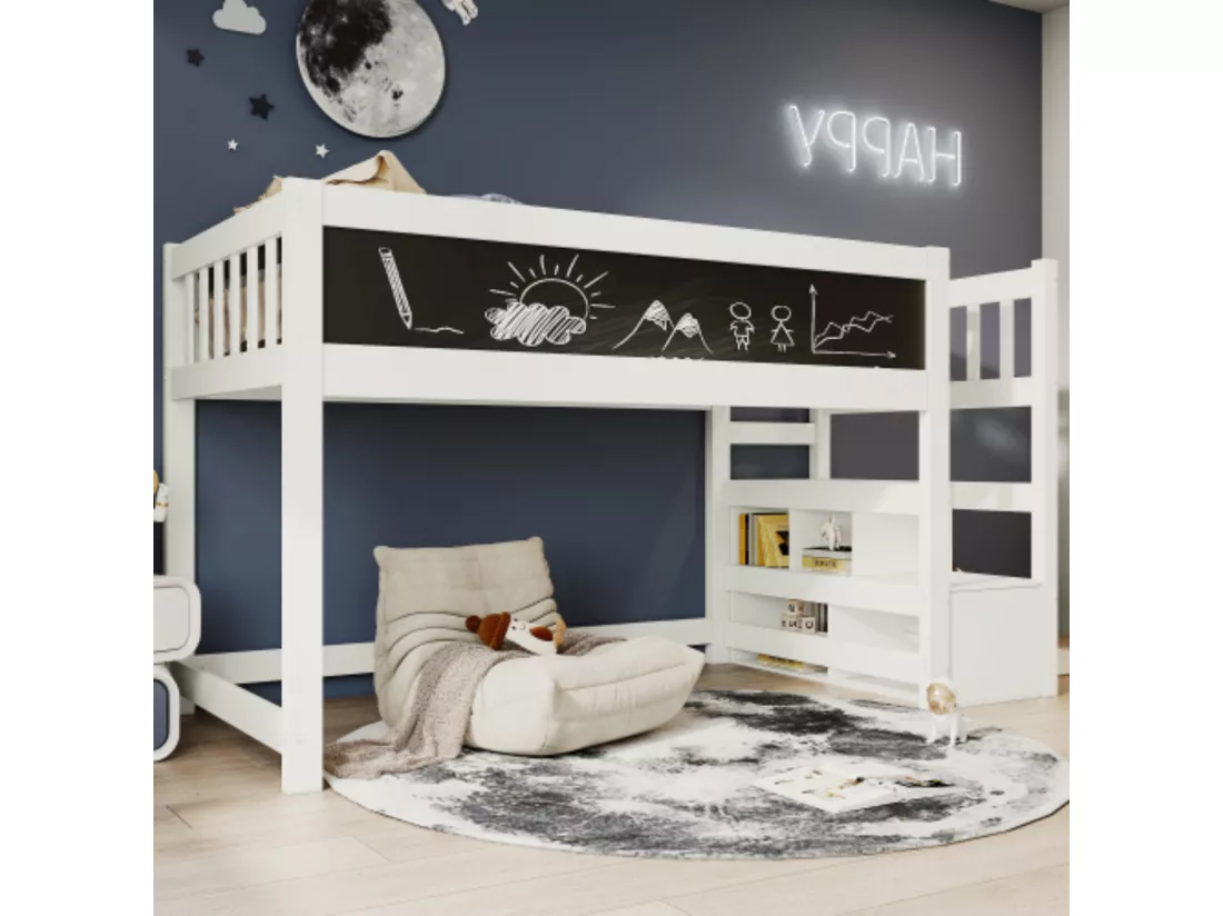Lit mezzanine enfant 90x200cm avec escalier de rangement et tableaux - Pin de certification EN747 - Blanc