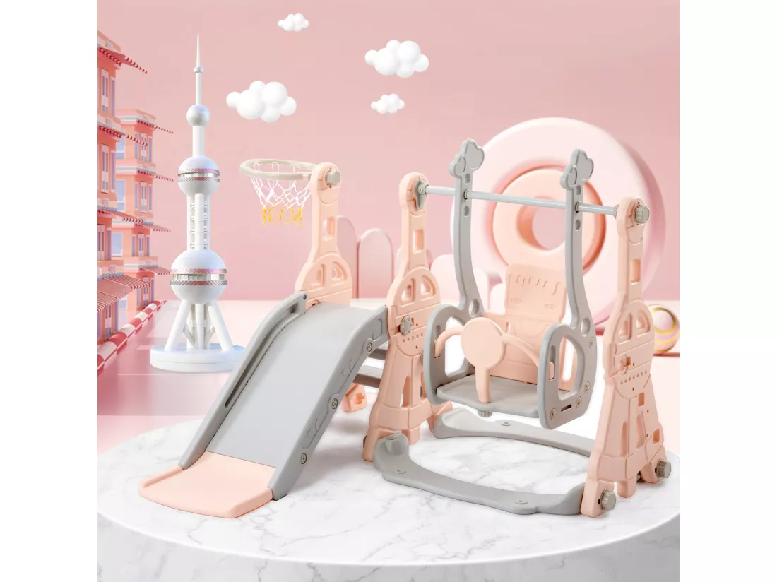 Toboggan 4 en 1 pour enfants - 140 x 118 x 102cm - en HDPE - avec balançoire et support de basket-ball - Rose