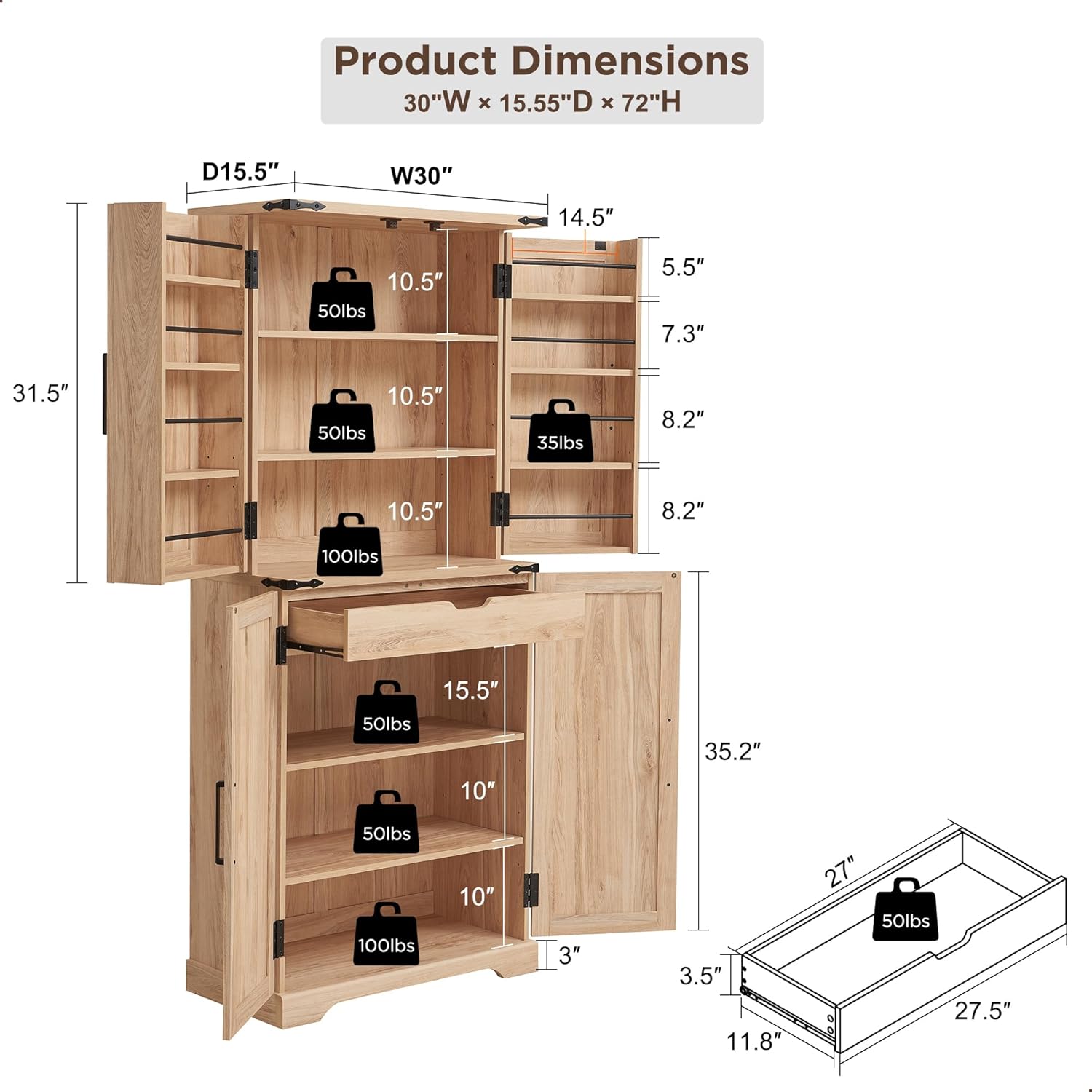 Rattan Küchenschrank, 183 cm hoher Vorratsschrank im Landhausstil, Aufbewahrungsschrank mit Scheunen-Schiebetüren, Schublade und verstellbaren Regalen – Natur-Rattan