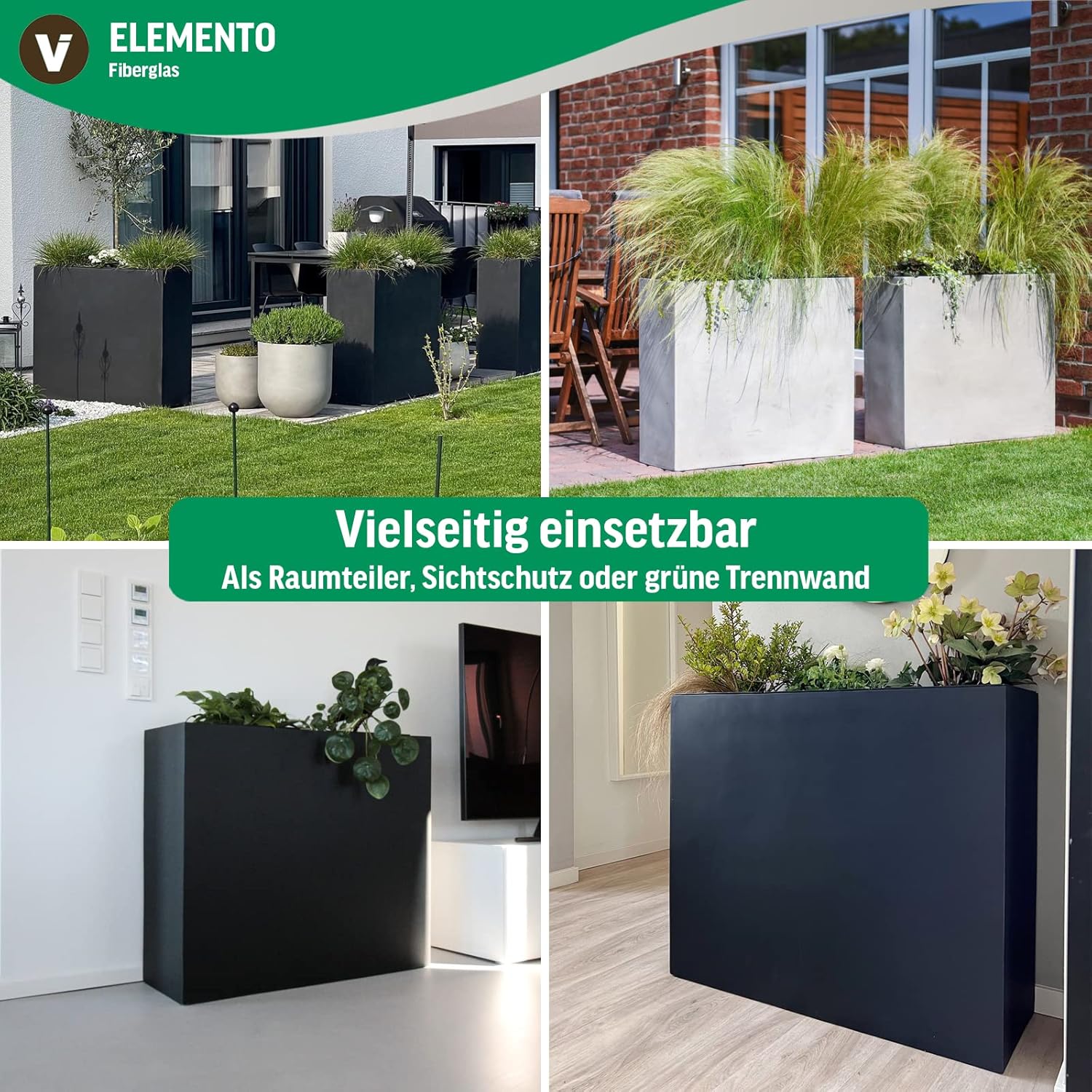 VIVANNO Pflanzkübel Raumteiler Sichtschutz Fiberglas ELEMENTO Beton-Design Grau - 88x30x75