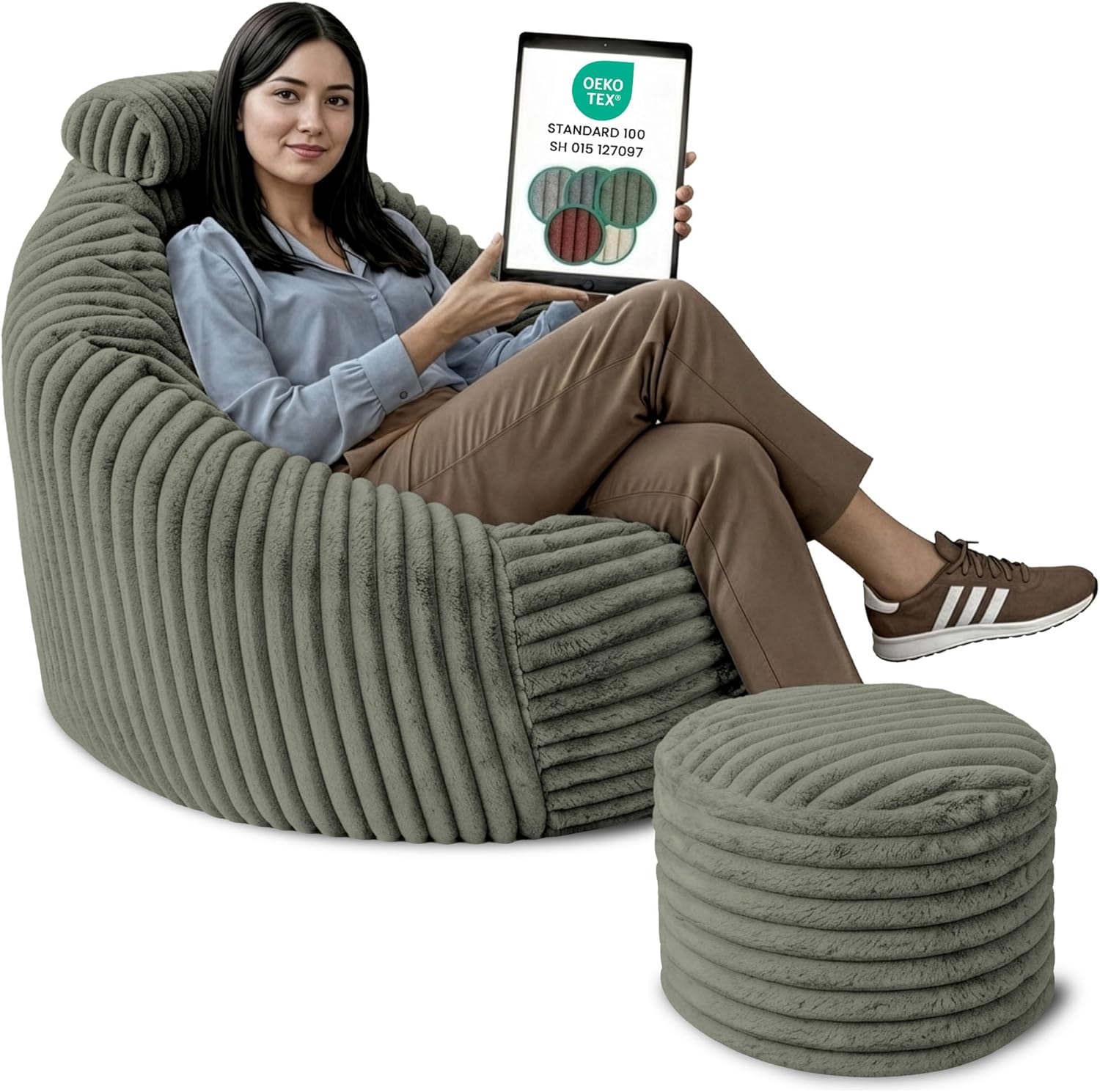 DreamRoots Sitzsack Erwachsene - Sessel Wohnzimmer 92x70x100 cm mit Hocker, Kopfstütze und Aufbewahrungstasche - Bean Bag Chair - Lesesessel Bequem Superweich und flauschig Cord 420 g/m² - Grün