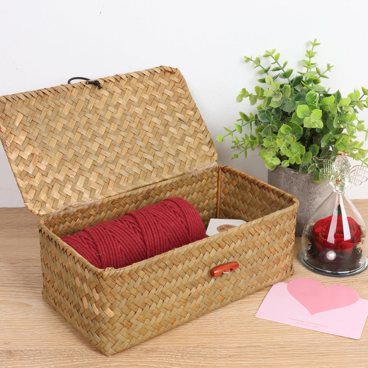 (26x16cm) Binsen Aufbewahrungs Korb mit Deckel Hygge Lifestyle Deko Organizer für Mercerie Zubehör - Braun