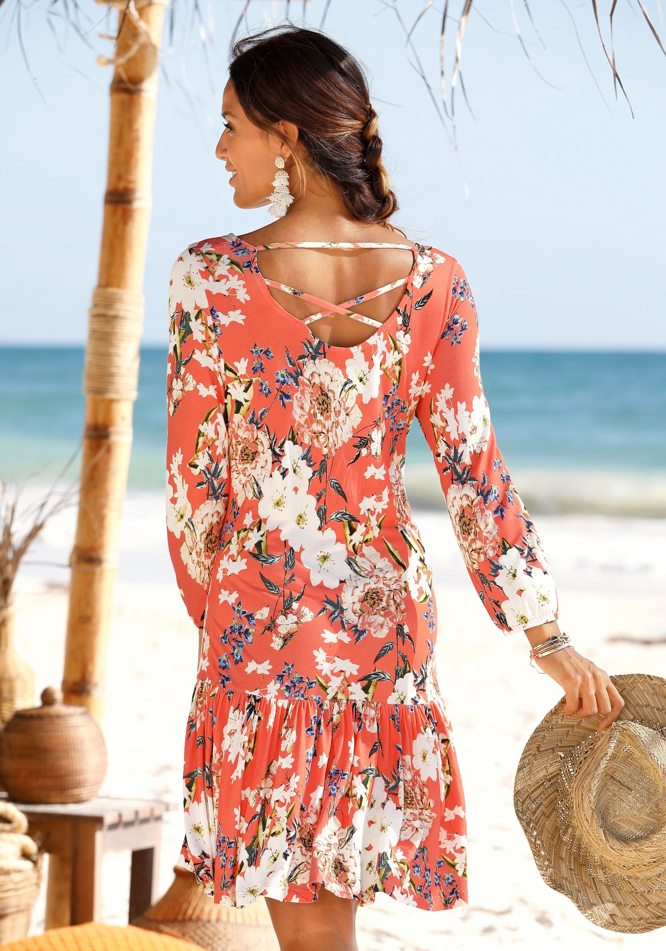 s.Oliver Jerseykleid mit Blumenprint und Volantrock, 3/4-Ärmel, Sommerkleid, Strandkleid