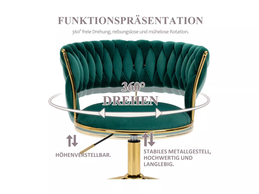 Chaise De Bureau Douce En Velours, Rotation 360°, Réglage De Hauteur, Base En Acier