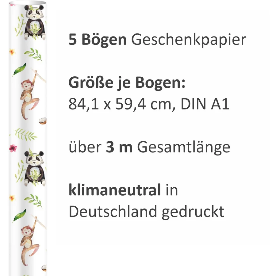 Nikima Geschenkpapier 5 Bögen Dschungel Tiere bunt – 1,60€qm Größe: - 84,1 x 59,4 cm bunt