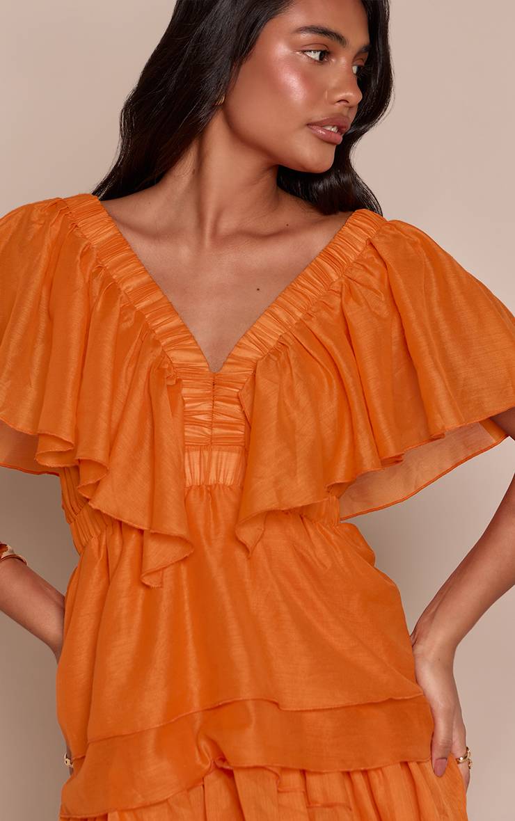Orange Robe Maxi À Col V Plongeant Et Volants Superposés