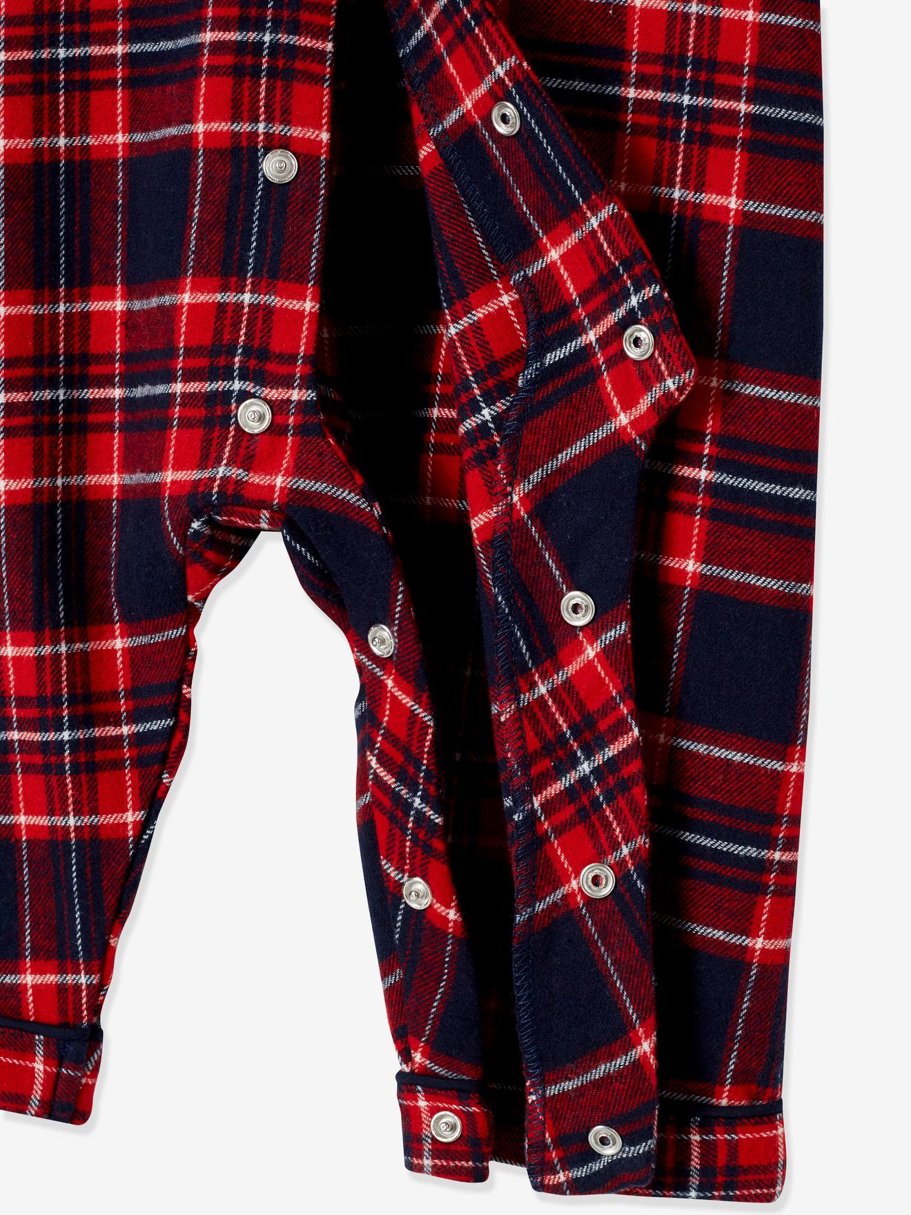 Macacão de flanela xadrez para bebê, xadrez vermelho escuro.