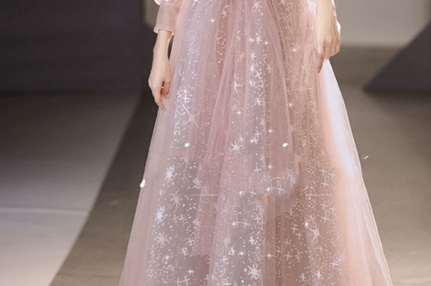 Yoanva - Lange mouw V-hals glitter mantel avondjurk