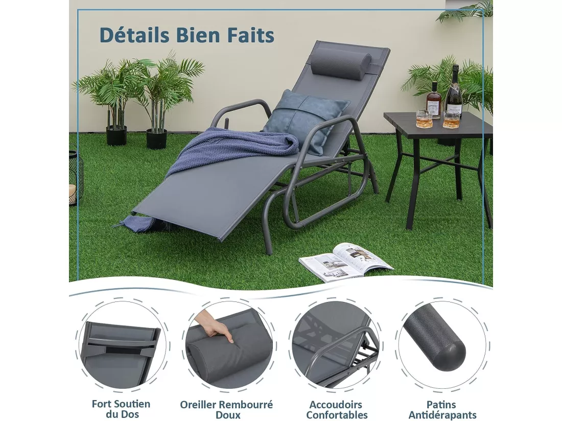 Bain de Soleil Design à Glissement à Dossier Réglable 3 Positions, Transat Jardin Extérieur Cadre Métal avec Accoudoirs, Oreiller, Chaise Longue Jardin Extérieur pour Patio Cour Balcon (Gris)