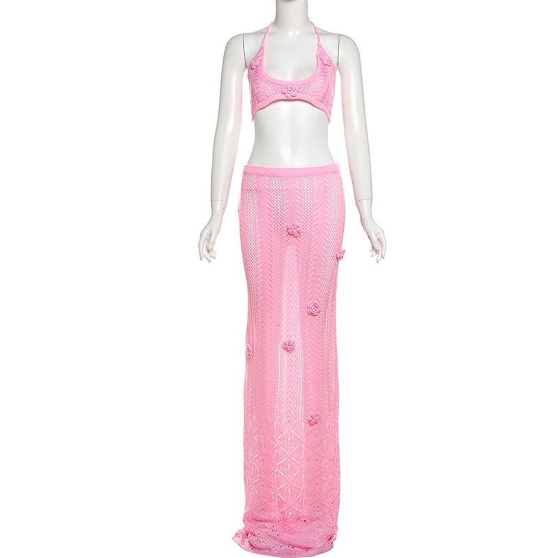 Weaveal - Set: haltertop met effen bloemenbreisel + maxi-kokerrok met gemiddelde taille