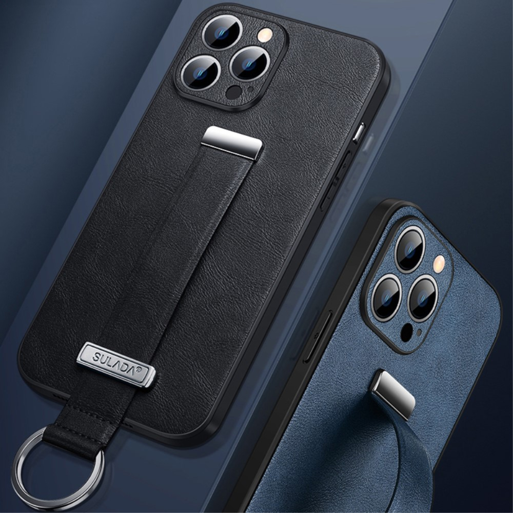 iPhone 15 Pro Max Leder Hardcase Hülle mit Handschlaufe - Schwarz