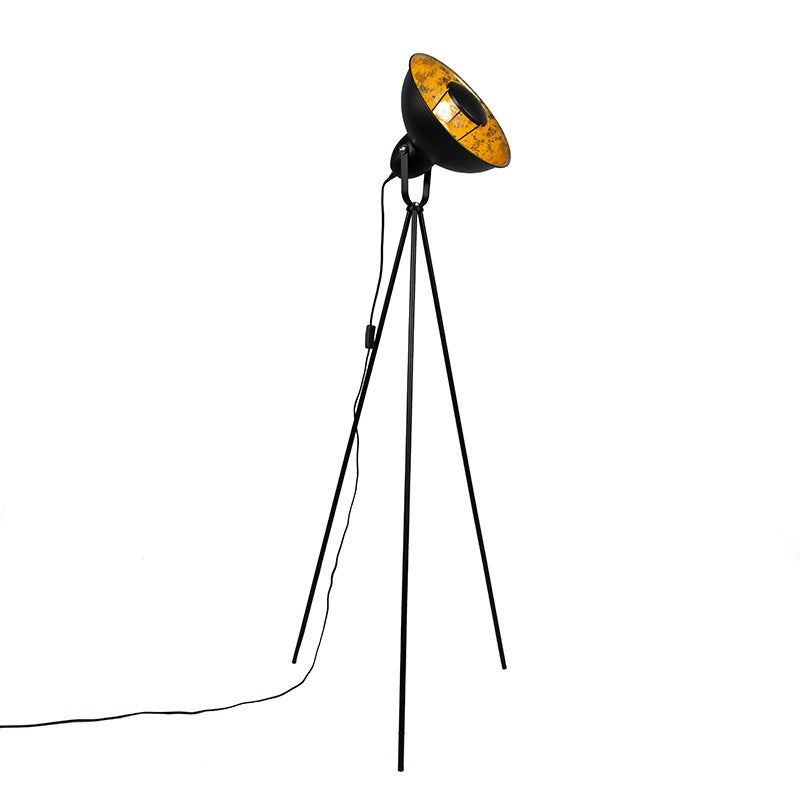QAZQA - Moderne industriële statieflamp, zwart met goud en messing - Magna Basic 25 | Woonkamer | Slaapkamer - Staal, rond | Langwerpig - LED-compatibel, E27