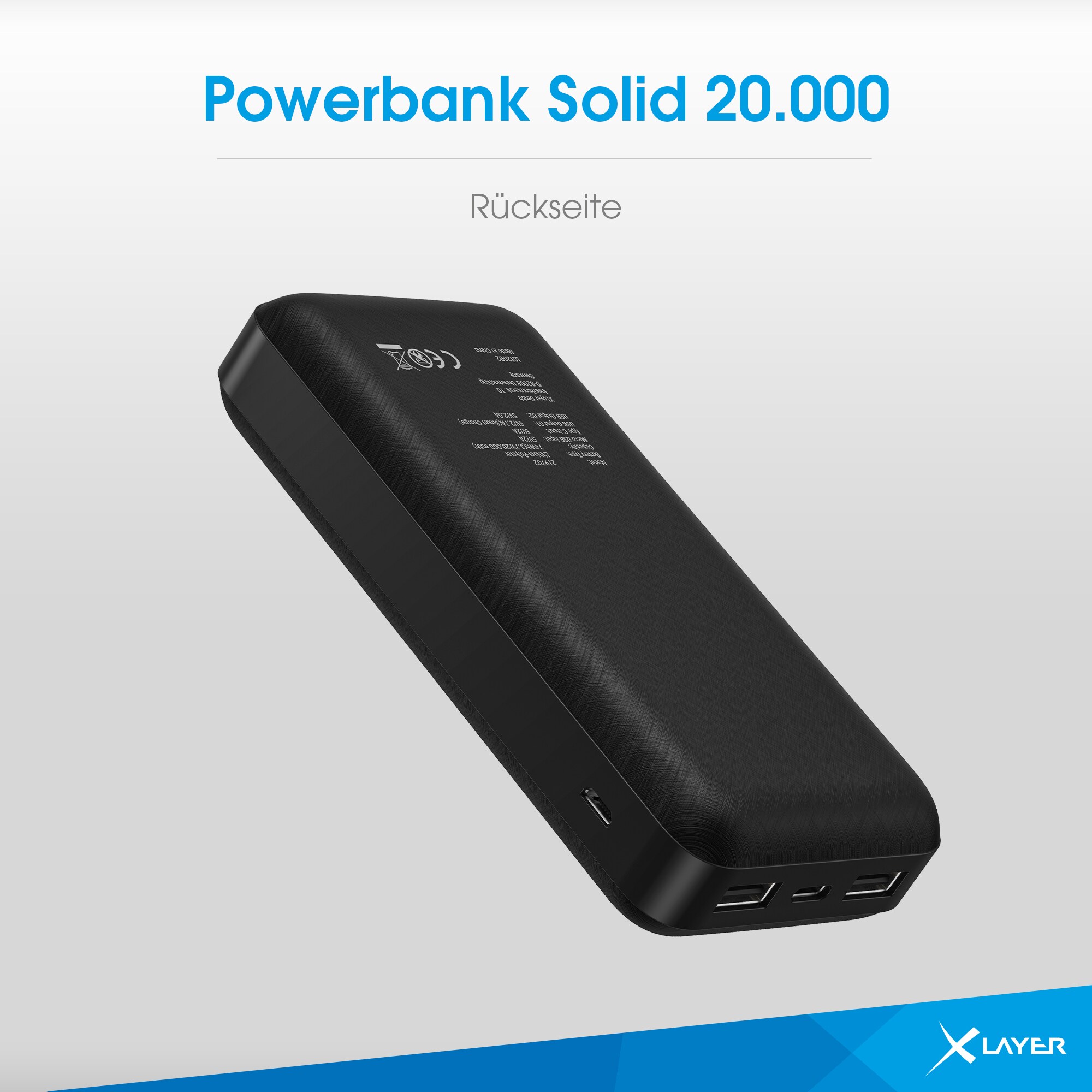 Xlayer POWERBANKS Powerbank Solid 20000 mAh Akku schnelles Aufladen externes Ladegerät