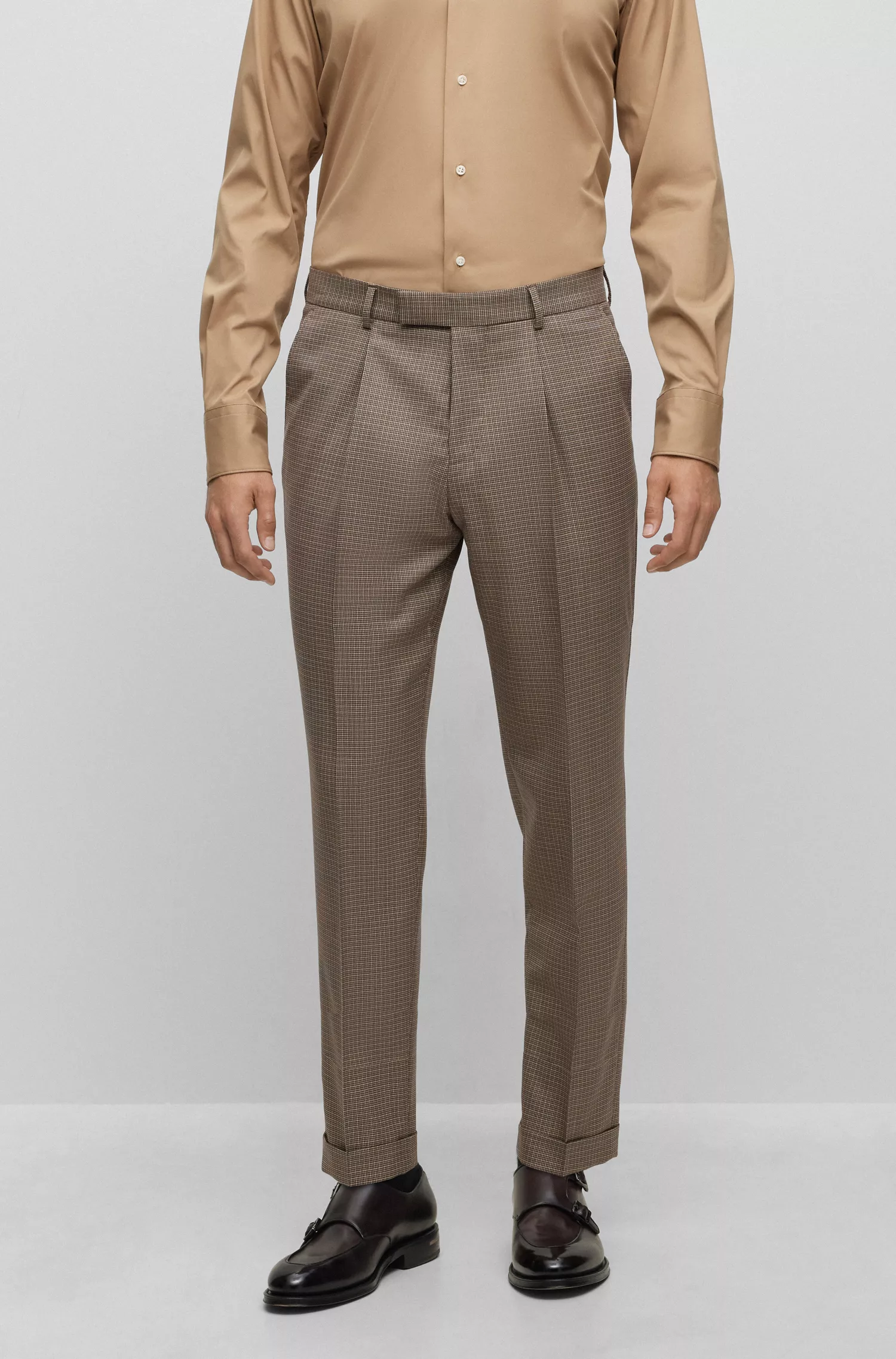 Terno BOSS Camel Slim-fit em lã virgem xadrez