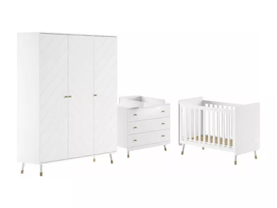 TINY WHITE - Chambre avec lit bébé blanc + table à langer + Armoire 3 Portes