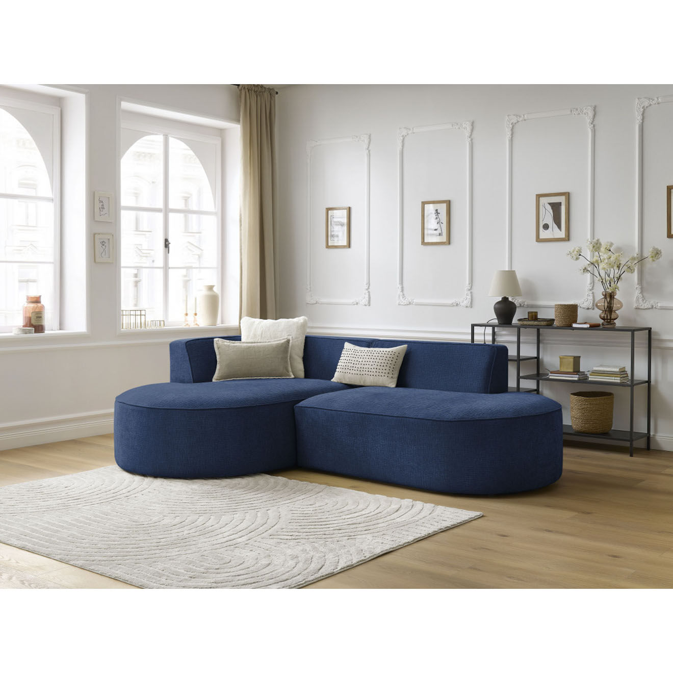 Bobochic Canapé d'angle gauche fixe 4 places Rousseau texturé bleu foncé - 250x160x72 cm