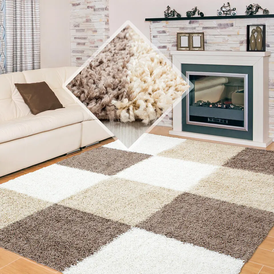 Basic Shaggy Geblokt vloerkleed Bruin / Beige Hoogpolig - 200x290 CM