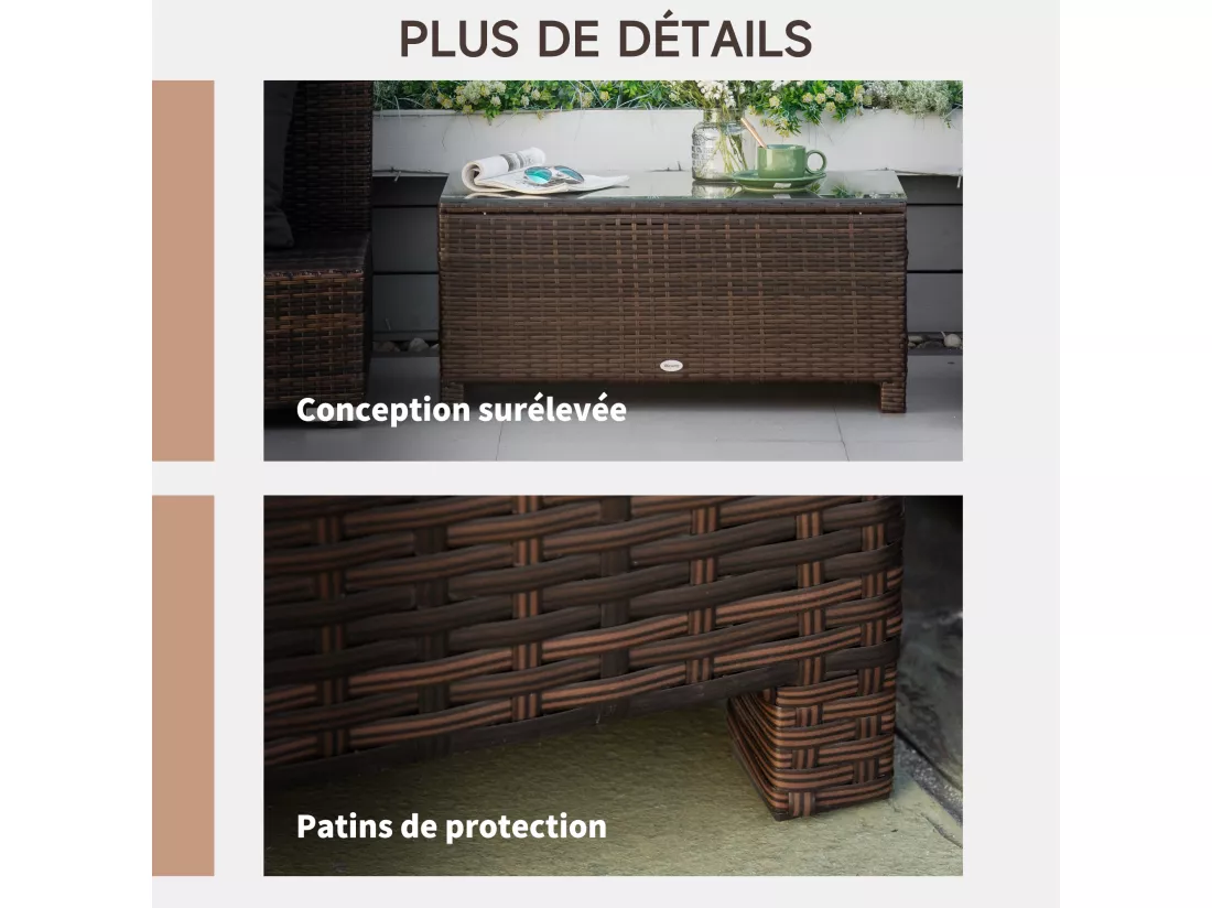 Table basse de jardin plateau verre trempé 5 mm rotin tressé 85 x 50 x 39cm Max. 50 kg marron