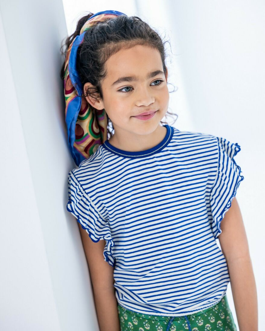 LIKE FLO blauw/wit gestreepte like flo t-shirt stripe jersey ruffle tee