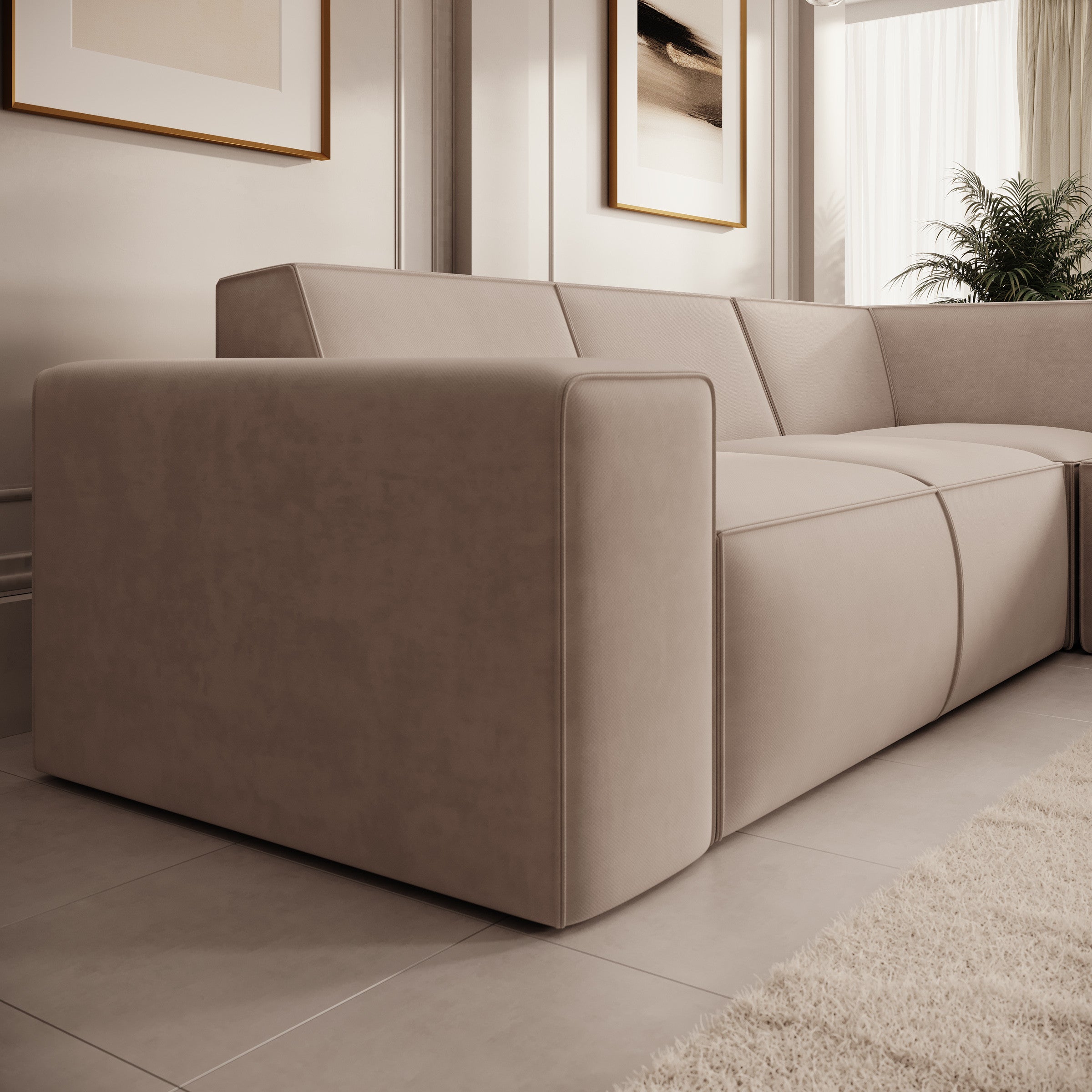 Monet - Hoekbank 4-zits met chaise longue - Stof beige - Rechts - 261x216x80 cm