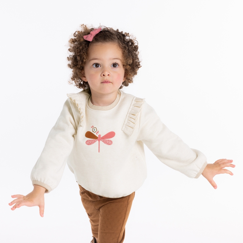 Sweat libellule brodée en molleton beige bébé fille