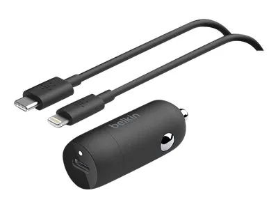 Belkin BoostCharge Car Charger - Bilstrømsadapter - 18 Watt - 3.6 A (24 pin USB-C) - på kabel: Lightning - sort
