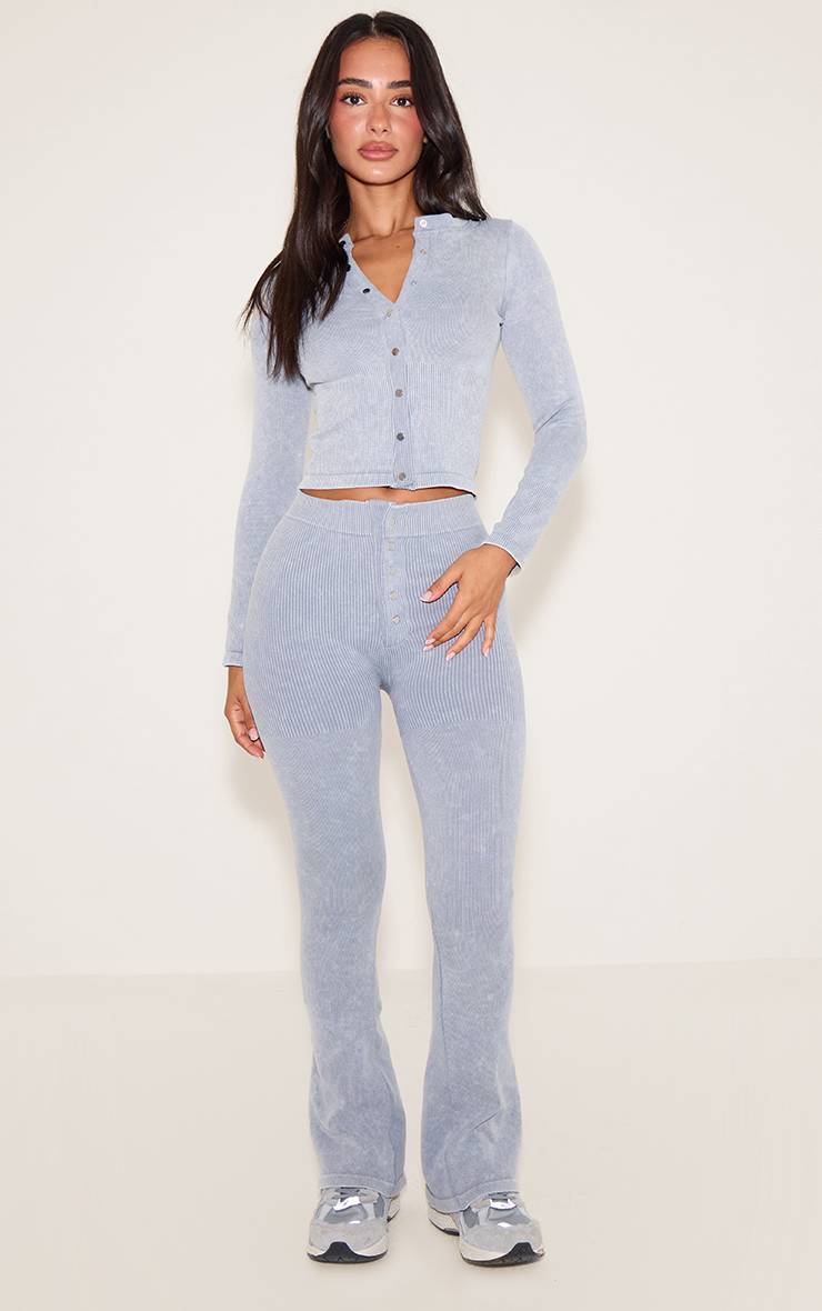 Gris Chiné Legging Évasé Côtelé Ajusté À Détails Boutons Petite