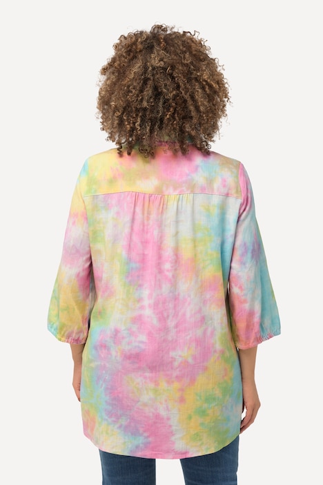 Leinenmix-Bluse, Batik-Druck, Hemdkragen, 3/4-Arm