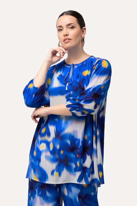 Tunika, Blüten, A-Linie, Rundhals, 3/4-Arm