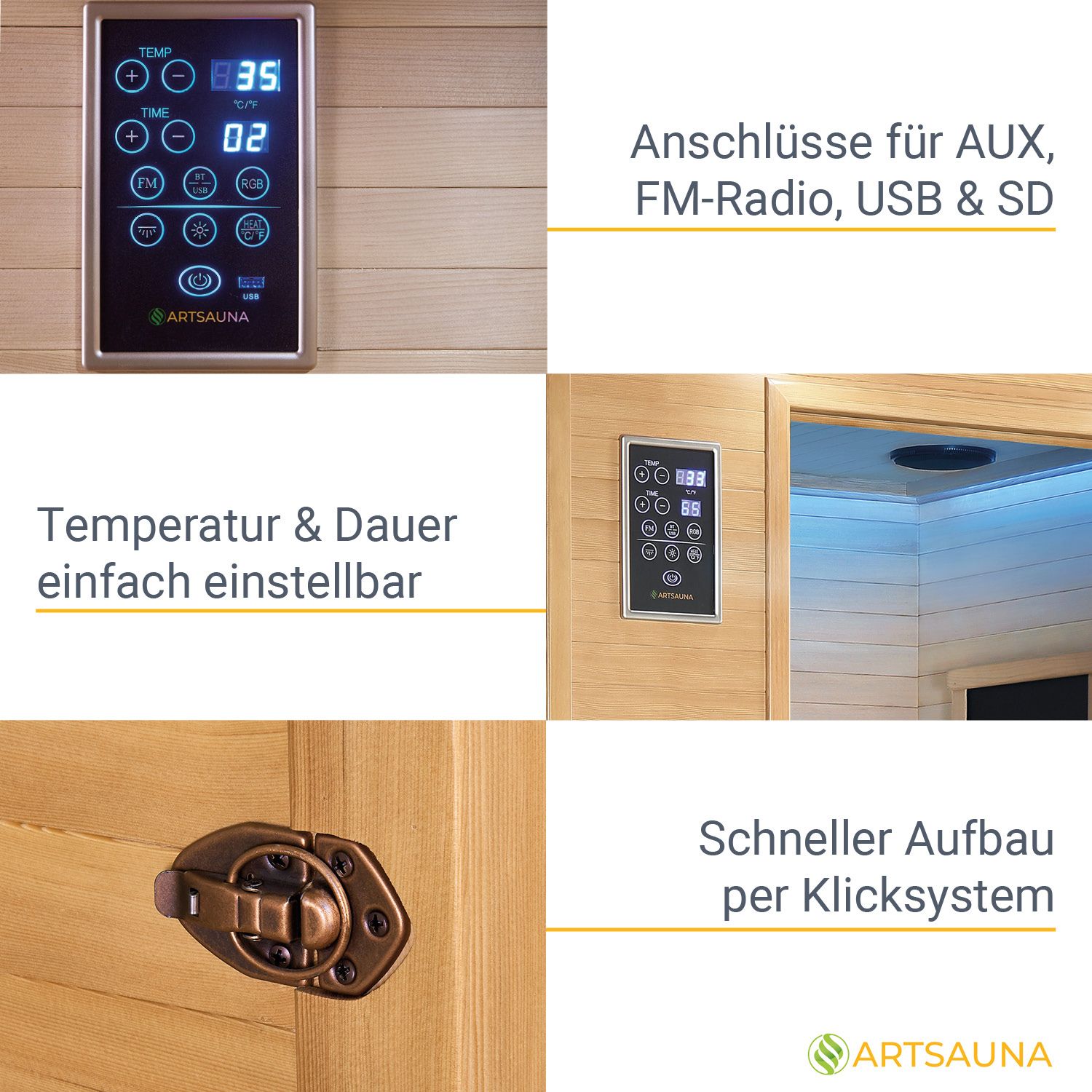 Artsauna Infrarotkabine Oslo mit Triplex-Heizsystem | 2 Personen | Hemlock Holz | 120 x 100 cm