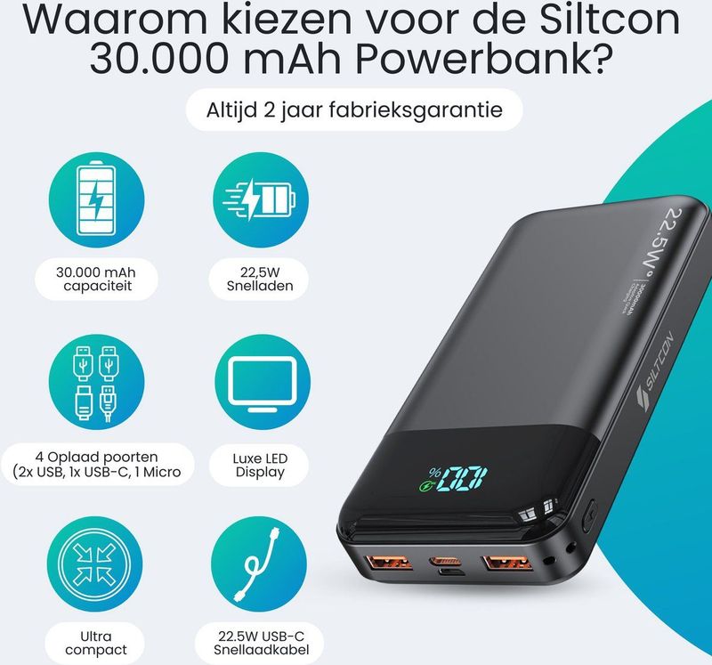 Siltcon - Powerbank - 30000 mAh - Snelladen - LED Display