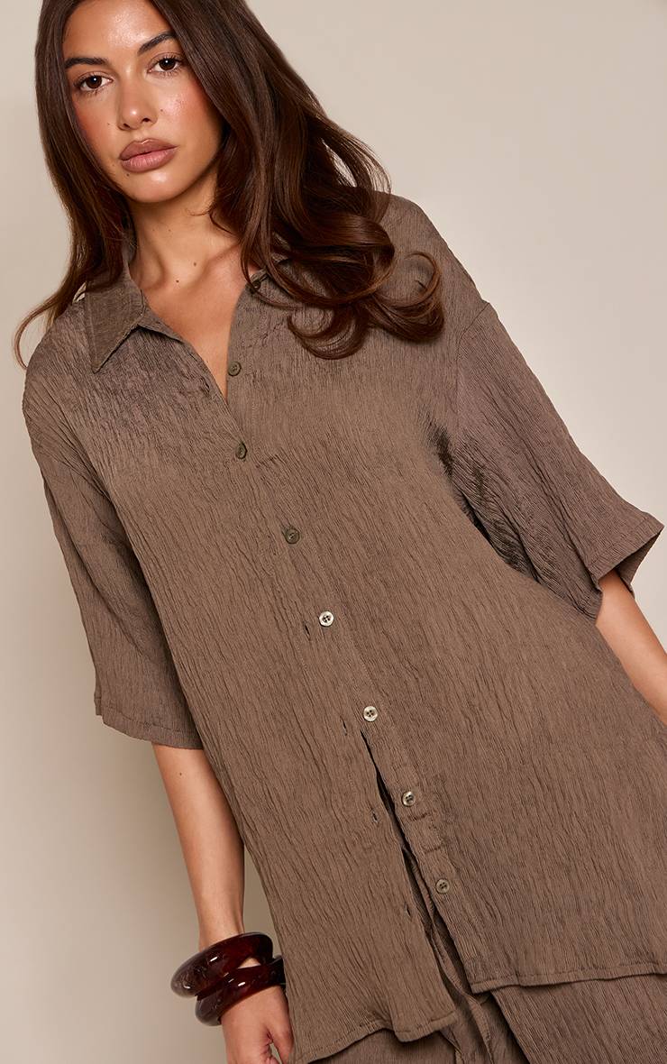 Marron Foncé Ensemble Coordonné Chemise Texturée Tissée Oversize À Manches Courtes